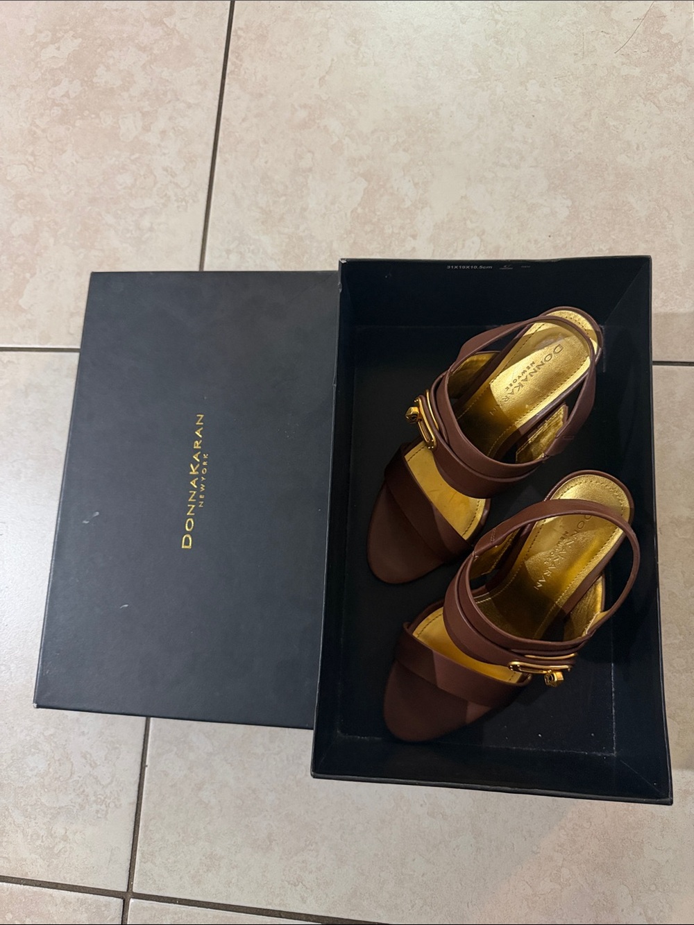 Donna Karan Brown Leather Slingback Heels with Gold Accents